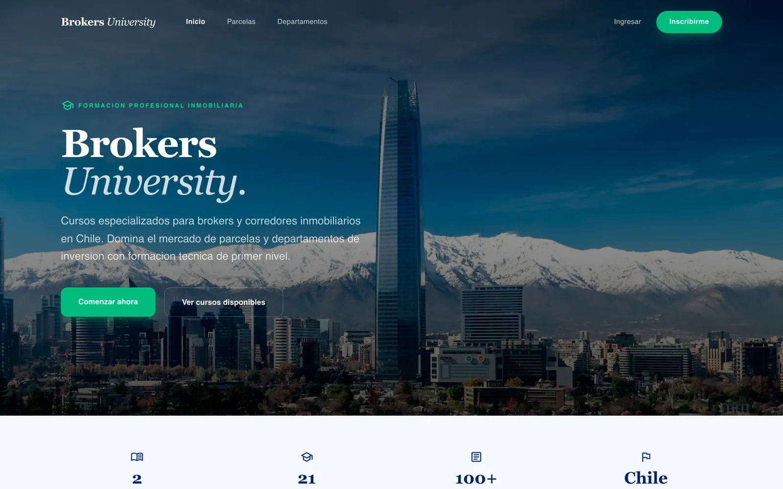 Sitio real de Brokers University en producción: plataforma de formación para brokers inmobiliarios